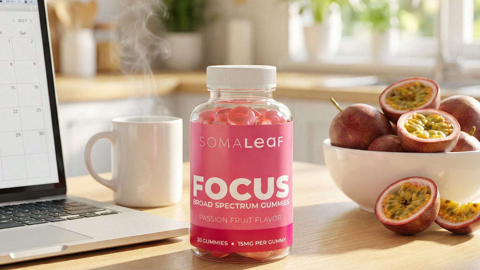SomaLeaf FOCUS gummies on a sunlit kitchen counter with coffee and fresh passion fruit