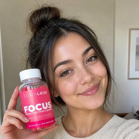 Corine holding SomaLeaf FOCUS gummies