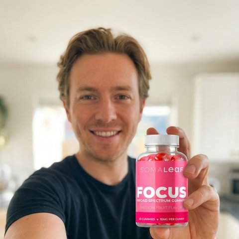Josh holding SomaLeaf FOCUS gummies
